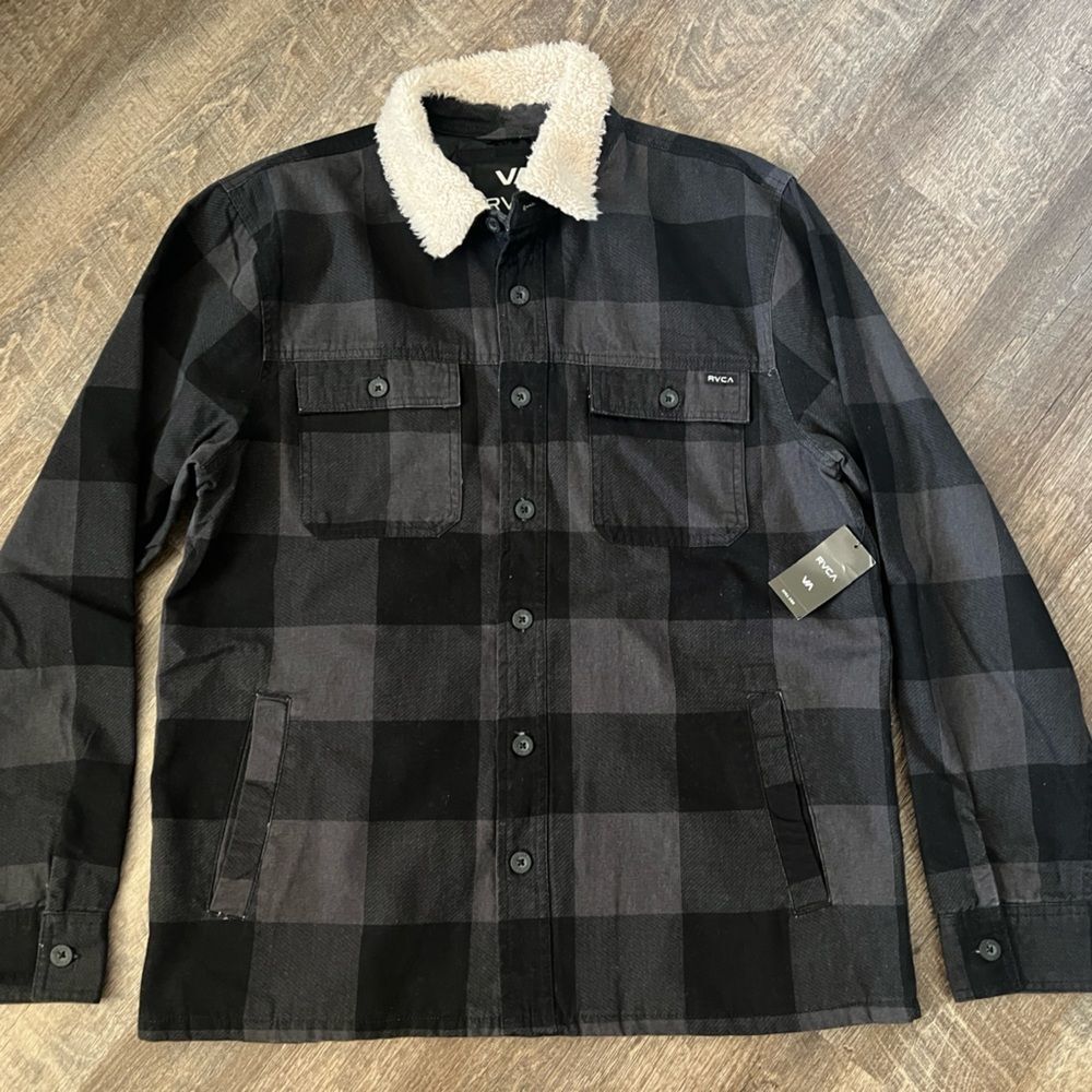RVCA Range Faux Shearling Collar Buffalo Plaid Shirt Jacket-Size Medium